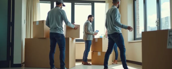 Conceptual illustration of a collaborative office relocation with professionals organizing a move in a modern workspace